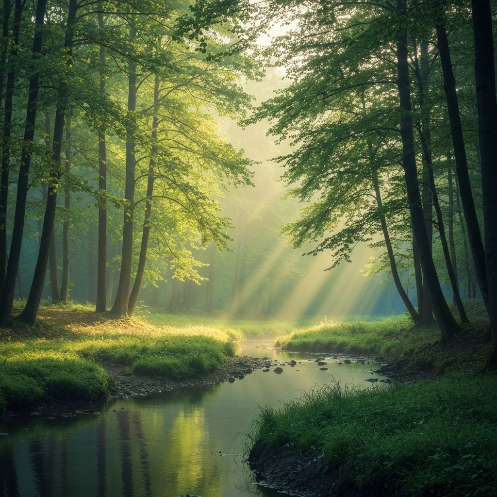 Serene nature landscape with soft light rays for spiritual reflection